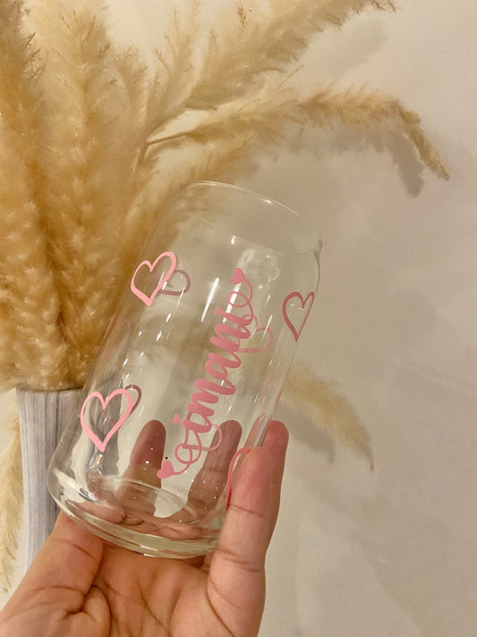 Personalised Heart Glass Cup - Pink